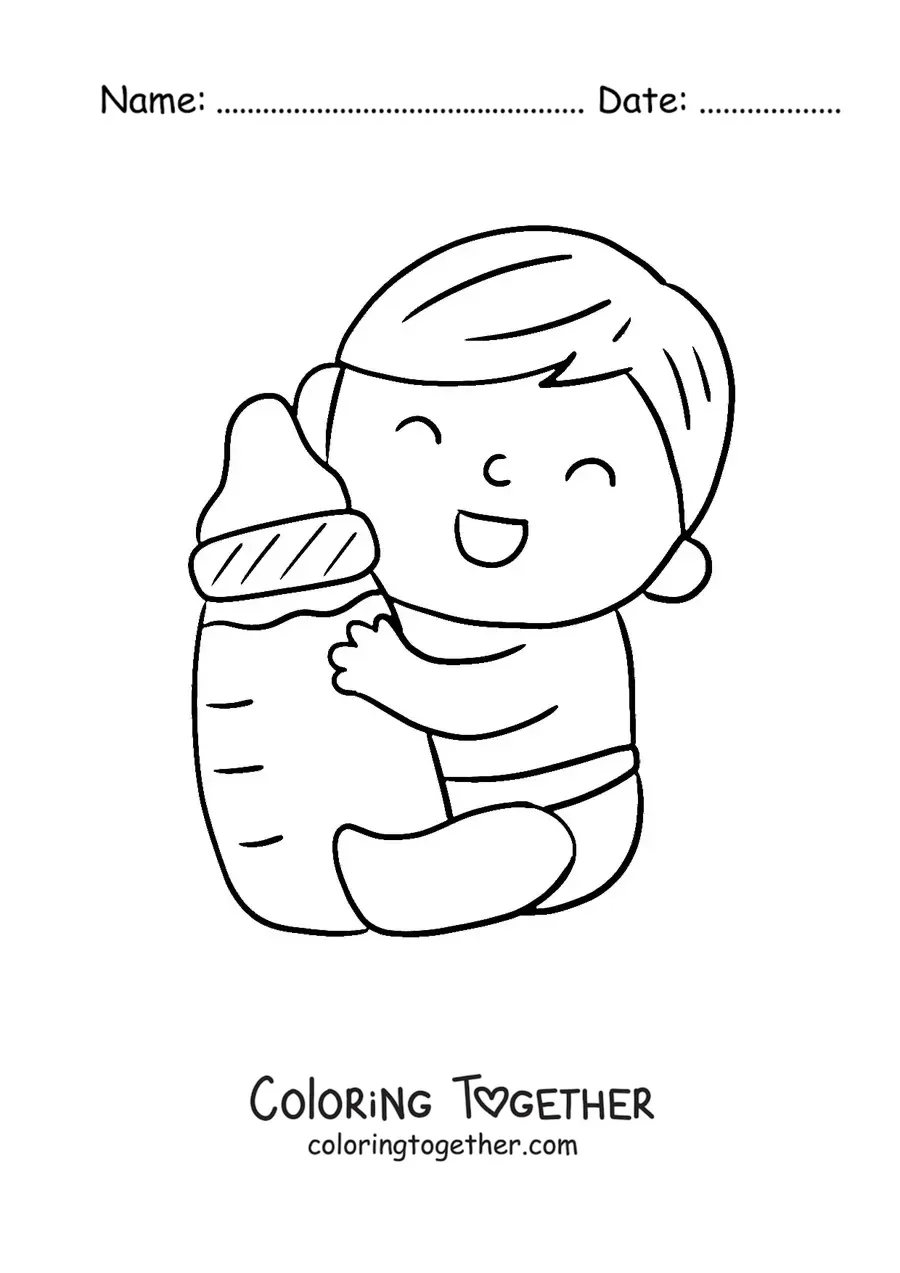 Coloring page of a baby in diapers hugging a bottle