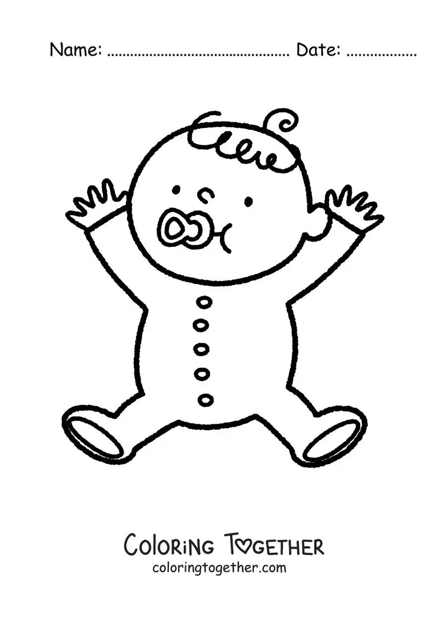 Coloring page of a baby with a pacifier opening its arms