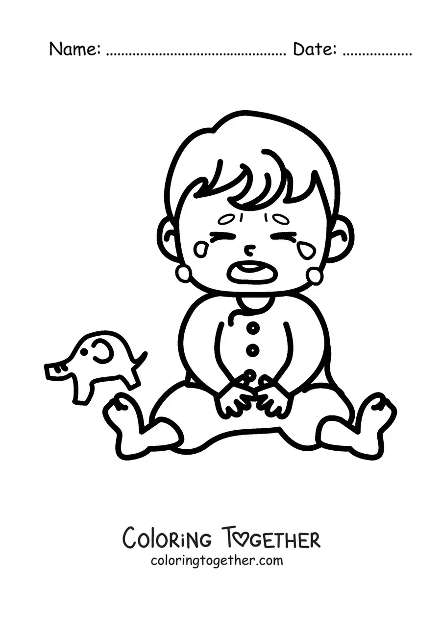 Coloring page of a baby sitting and crying next to a toy