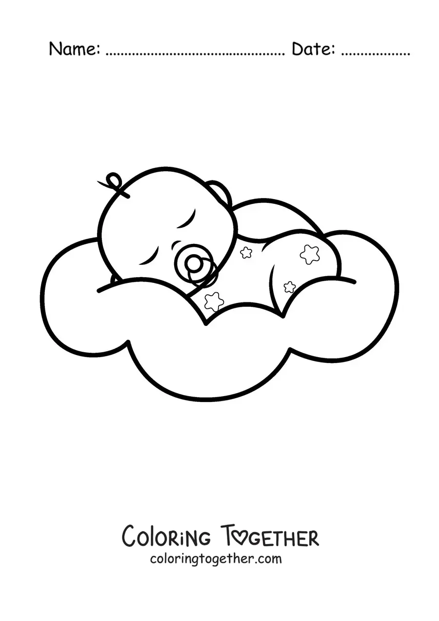 Coloring page of a baby sleeping with a pacifier in its mouth