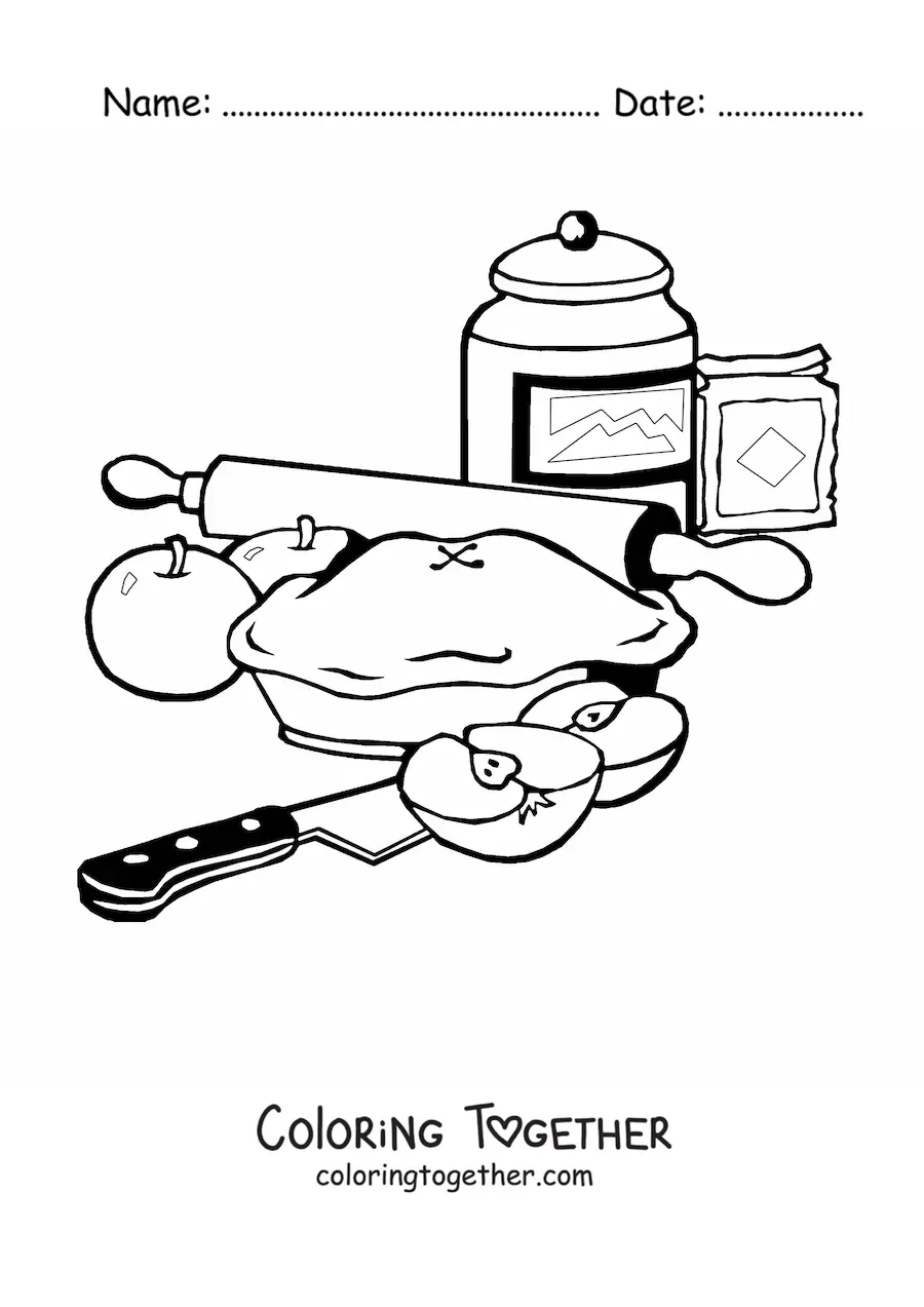 Coloring page of an apple pie with ingredients, a knife, and a rolling pin