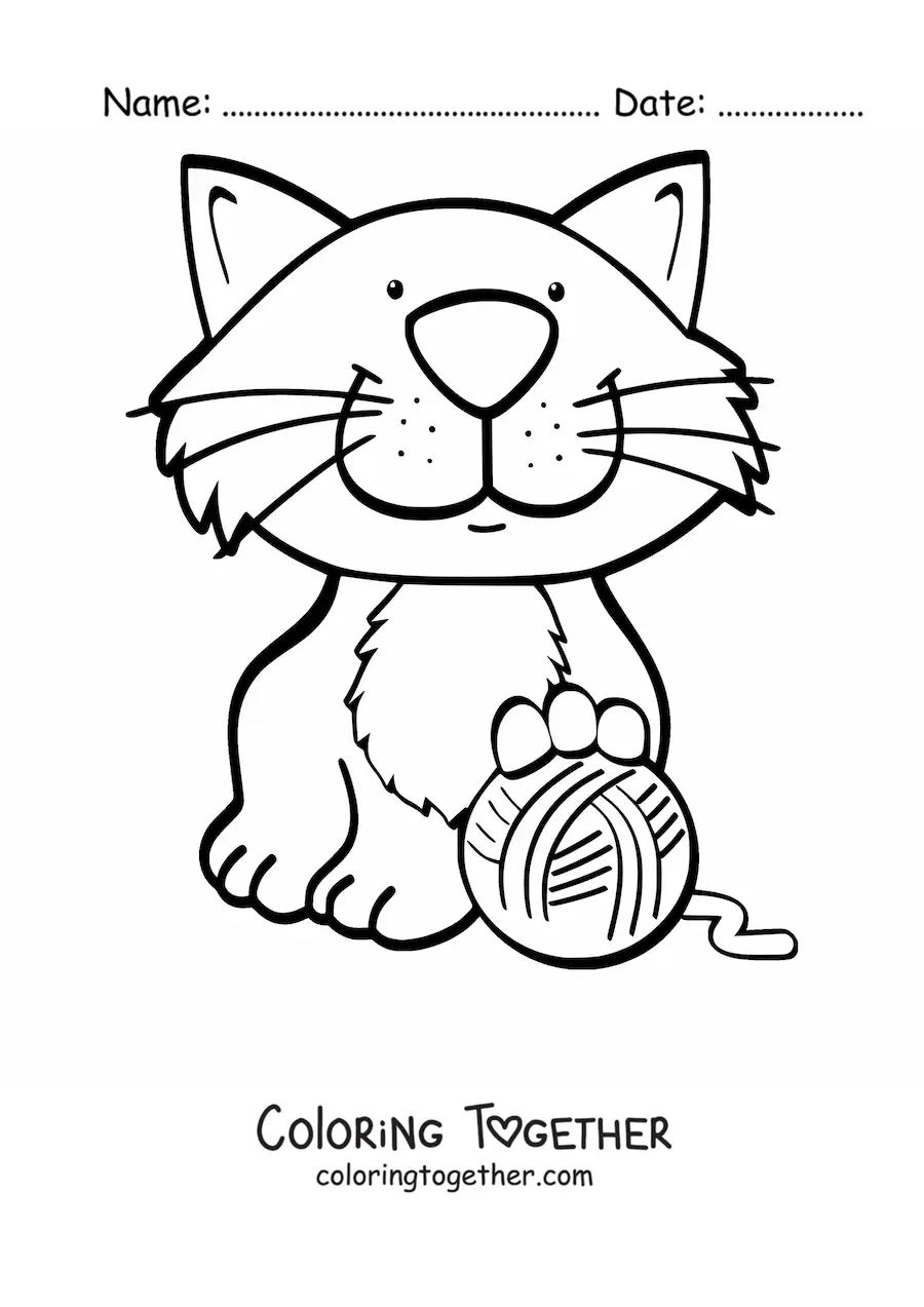 Coloring page of a cartoon cat sitting and playing with a ball of yarn