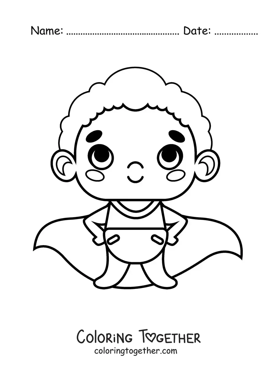 Coloring page of a baby in diapers with a superhero cape