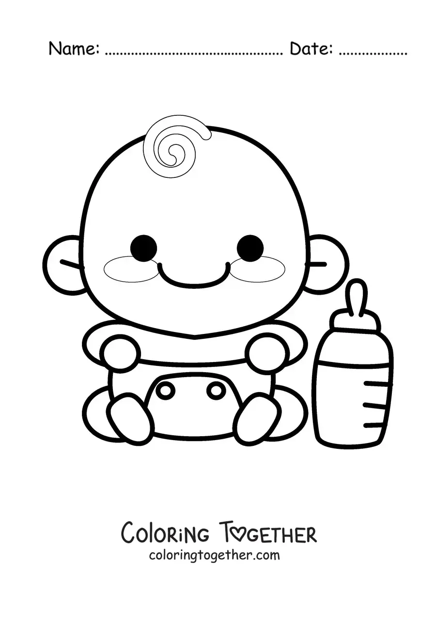 Coloring page of a kawaii baby in diapers next to a bottle
