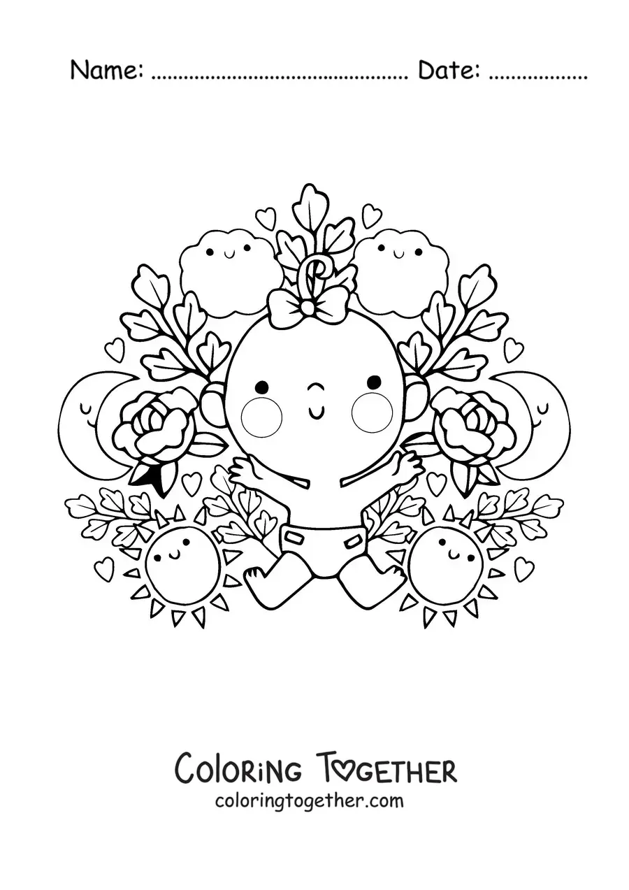 Coloring page of a kawaii baby girl surrounded by cartoon flowers