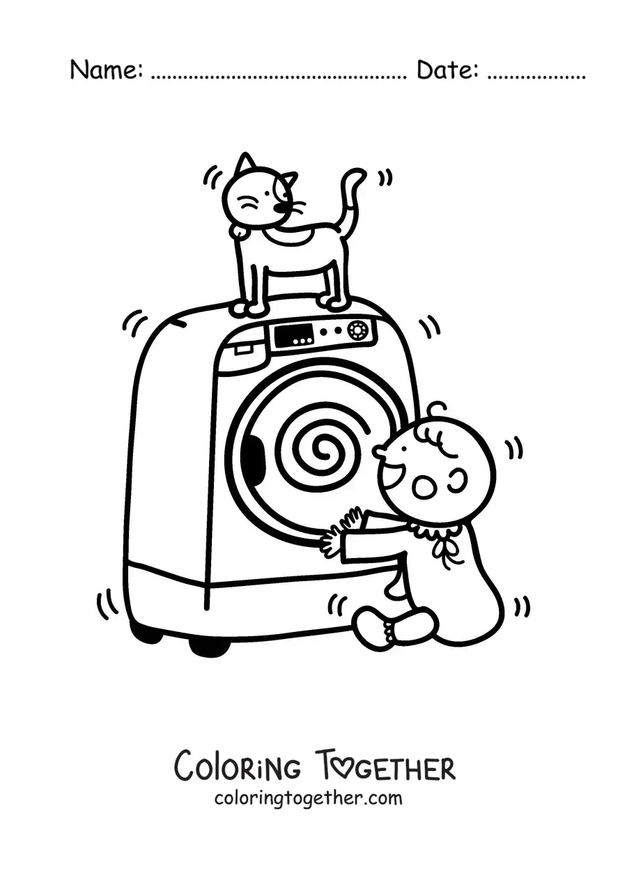 Coloring page of a baby playing with a cartoon cat on top of a dryer