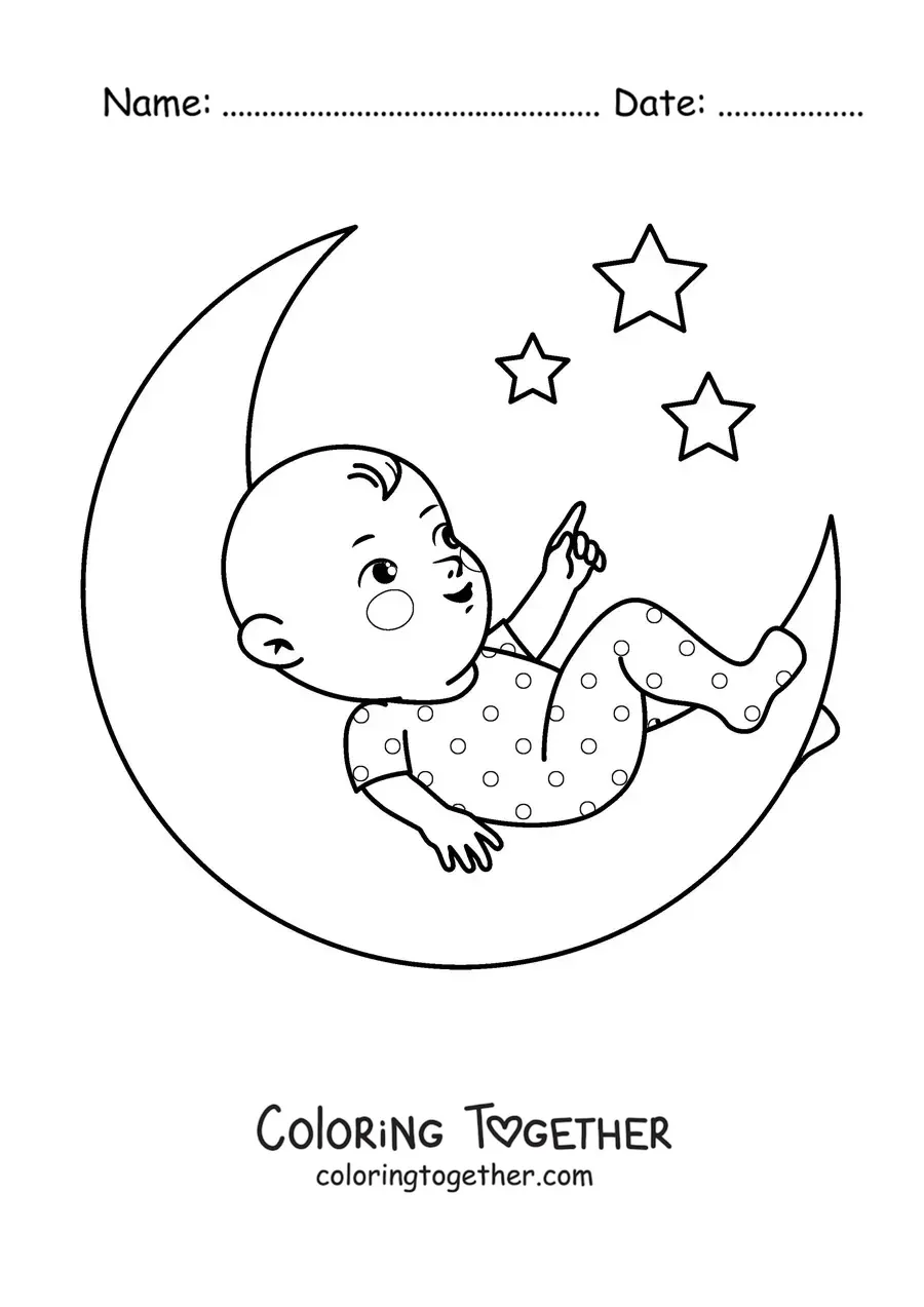 Coloring page of a baby lying on the Moon looking at the stars