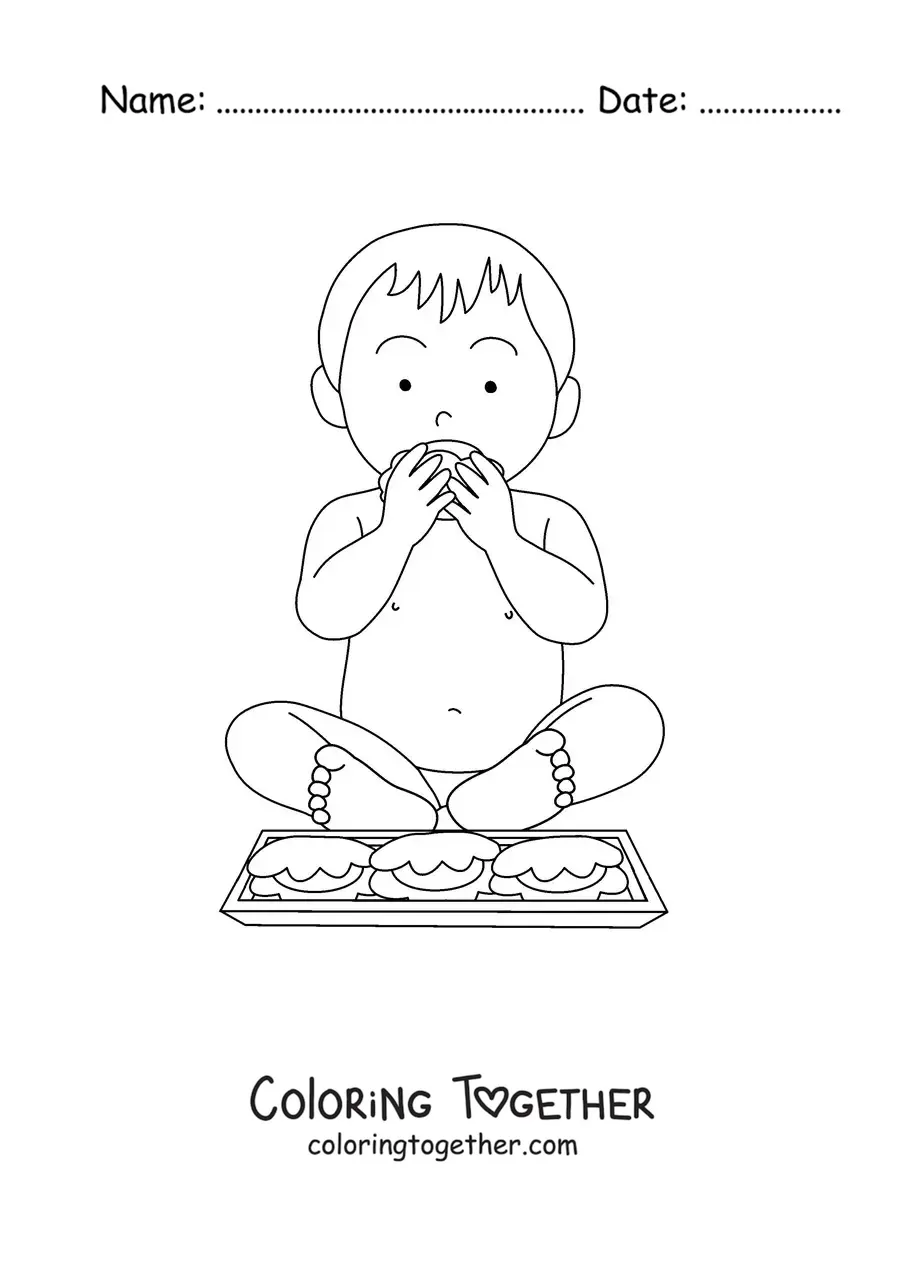 Coloring page of a baby sitting and eating with its hands