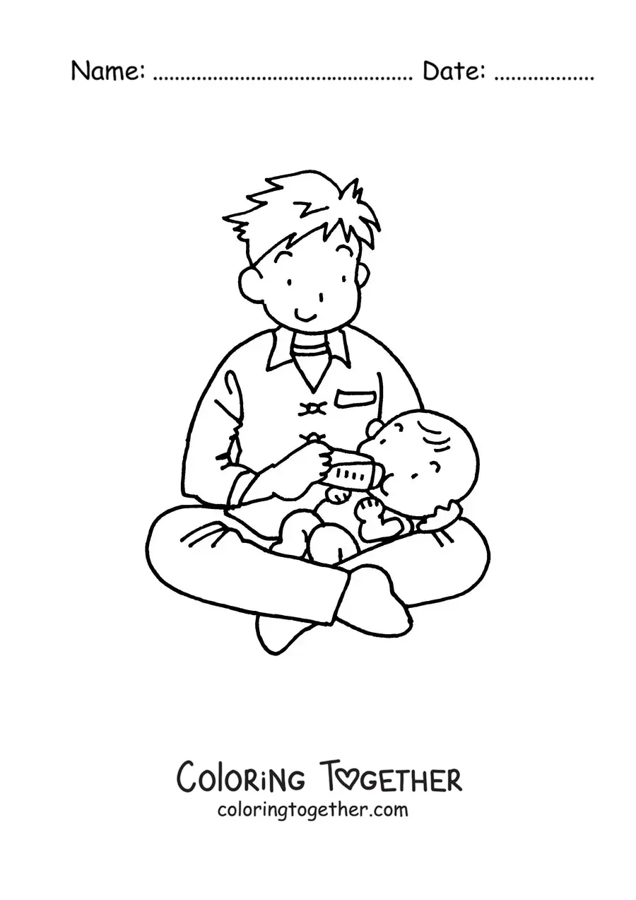 Coloring page of a father feeding a baby with a bottle