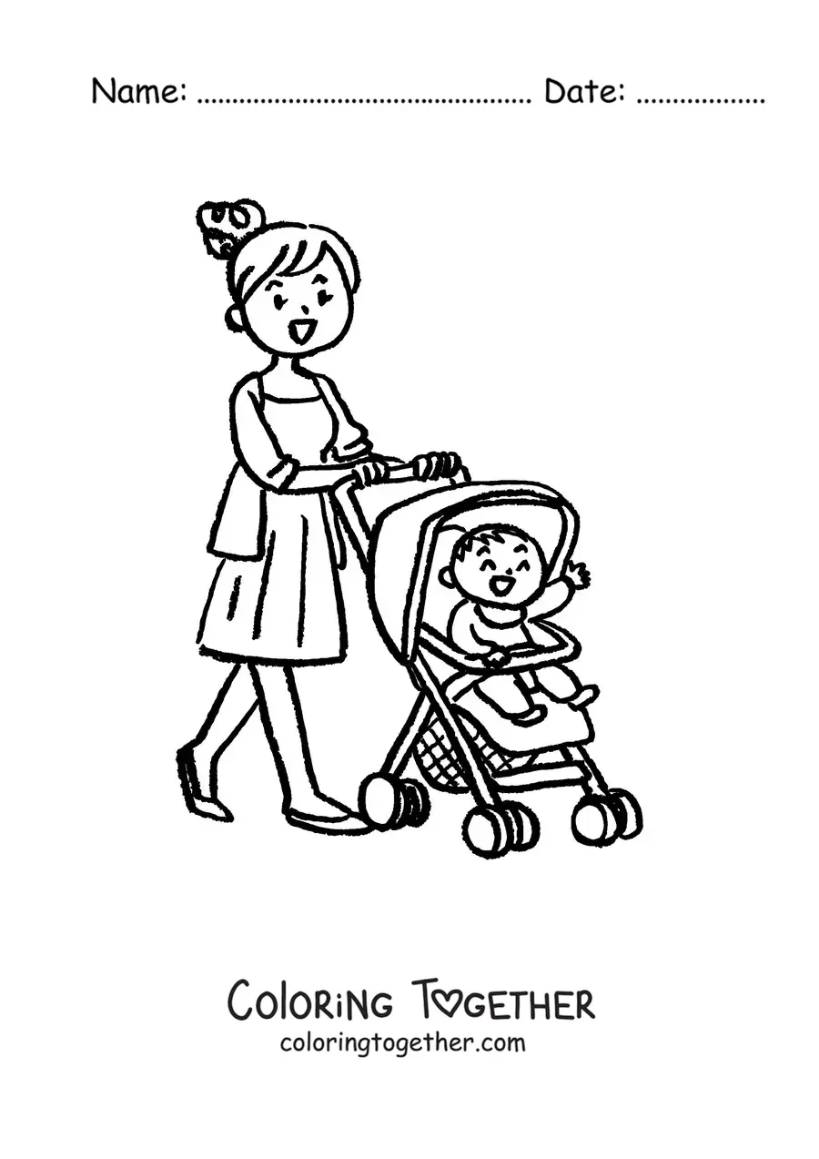 Coloring page of a mom taking her baby for a walk in a stroller