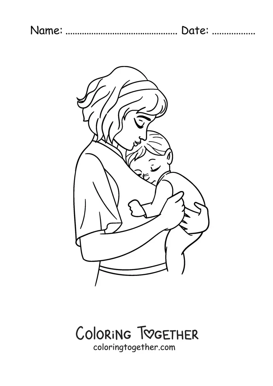 Coloring page of a mom carrying her baby
