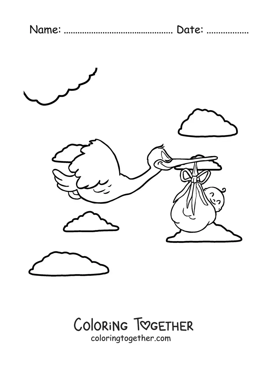 Coloring page of a stork flying while carrying a newborn baby