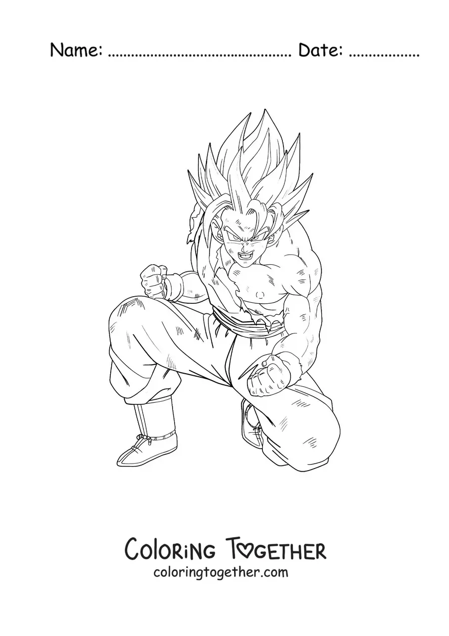 Coloring page of Goku kneeling in Ultra Instinct state