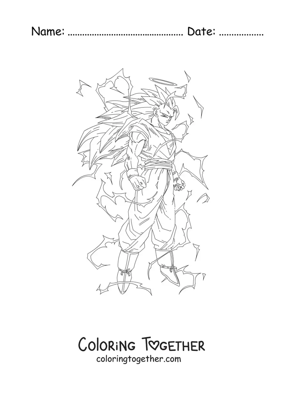 Coloring page of Goku in Super Saiyan 3 mode