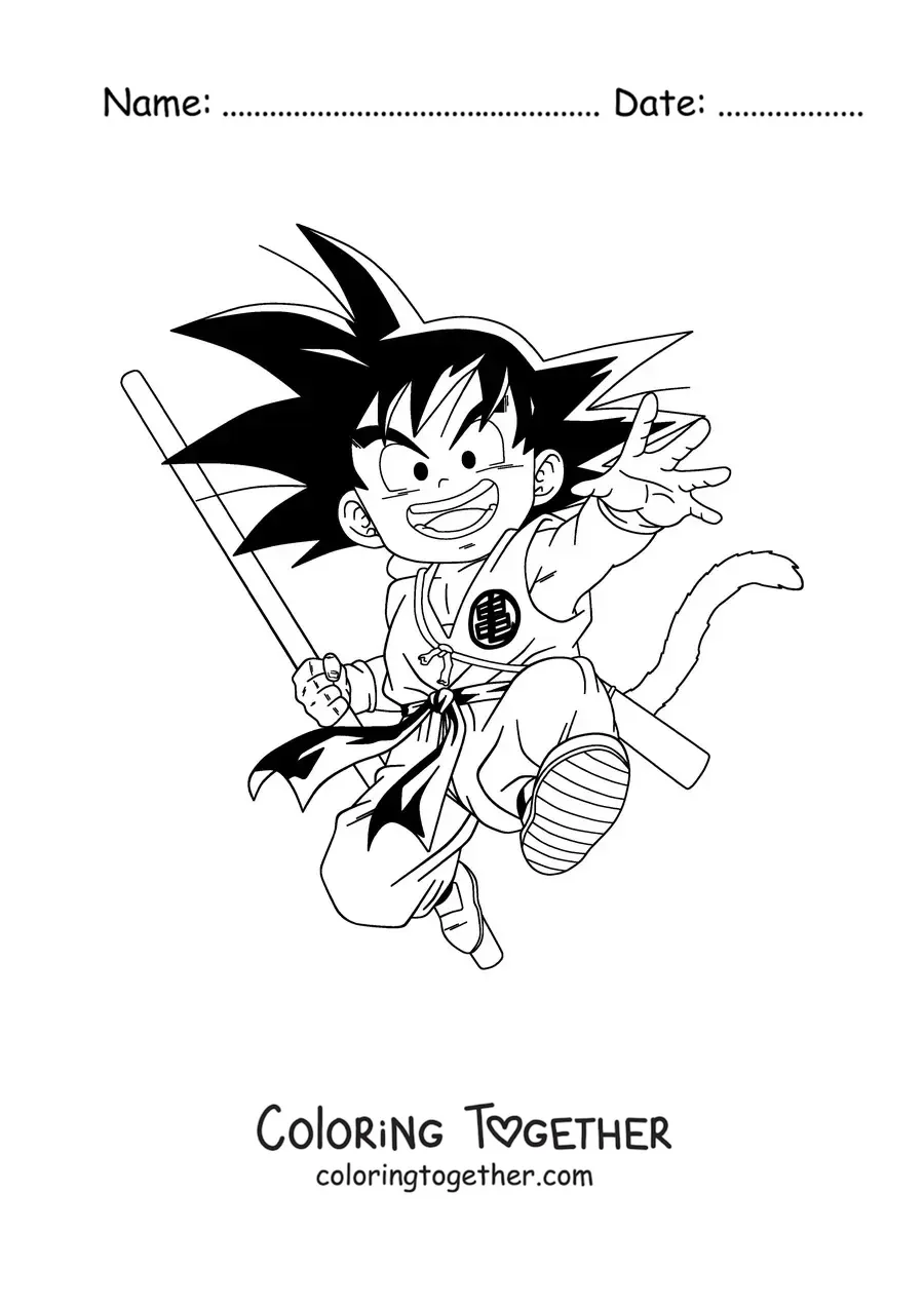 Coloring page of kid Goku jumping