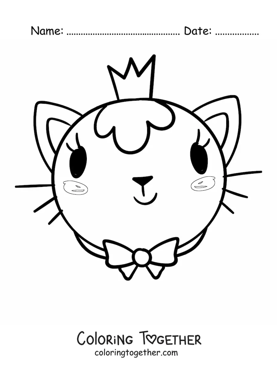 Coloring page of the face of a princess cat wearing a crown and a bow