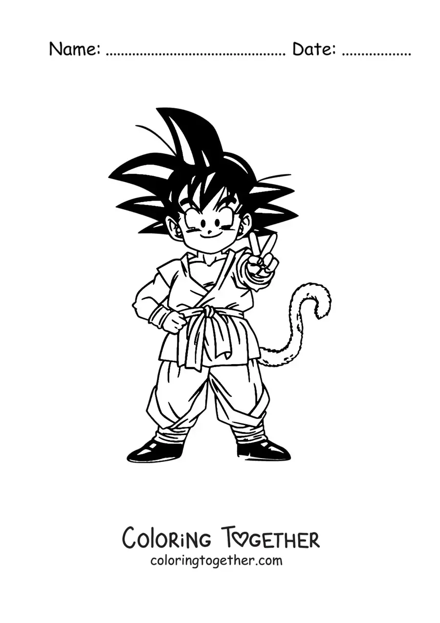 Coloring page of kid Goku posing with a smile