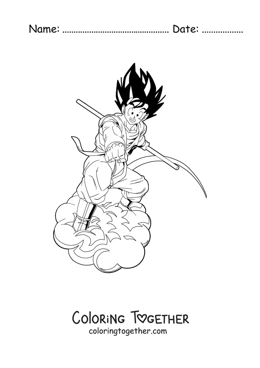Coloring page of adult Goku on the Flying Nimbus