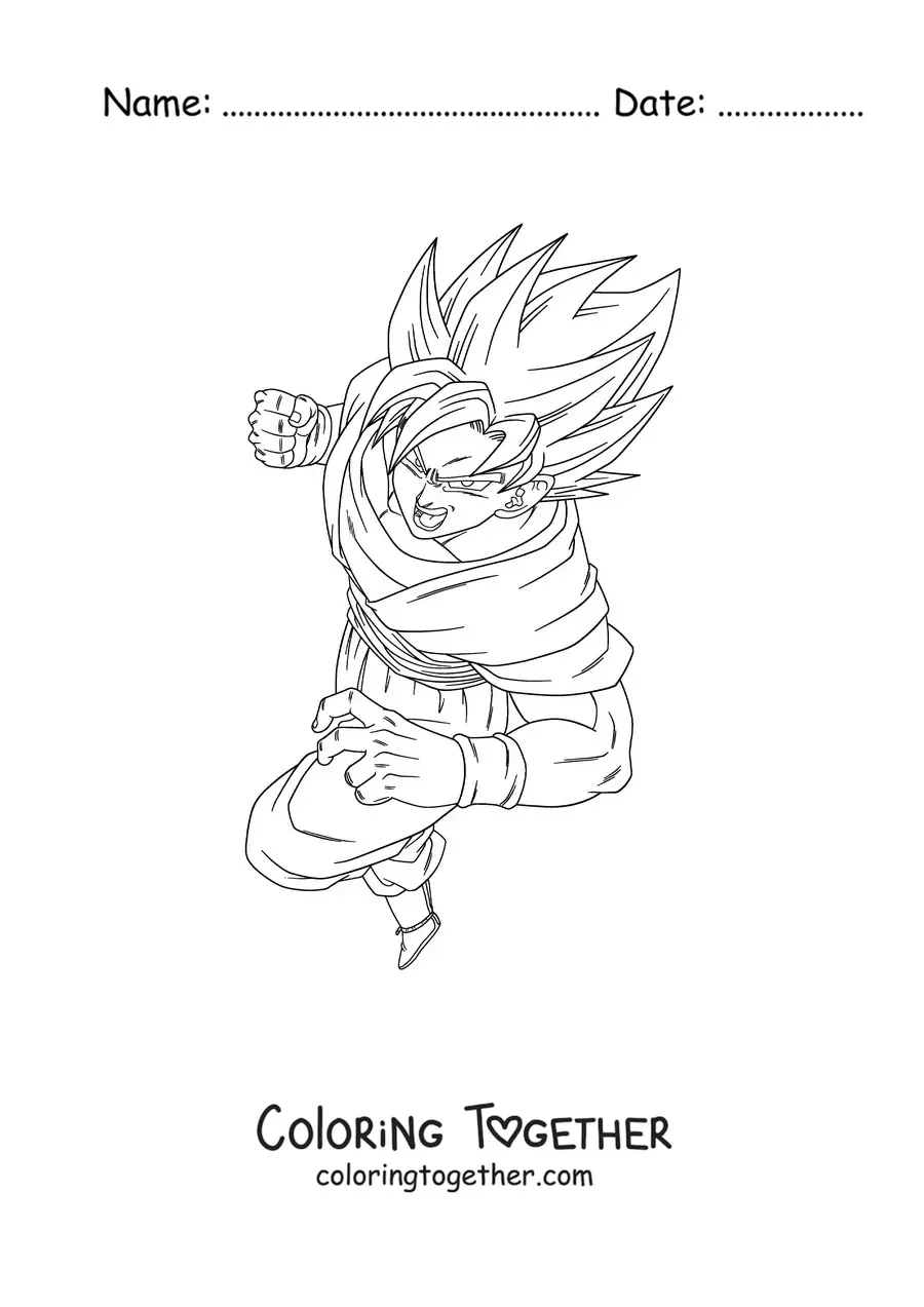 Coloring page of Goku in a fighting pose in Super Saiyan phase 1 mode