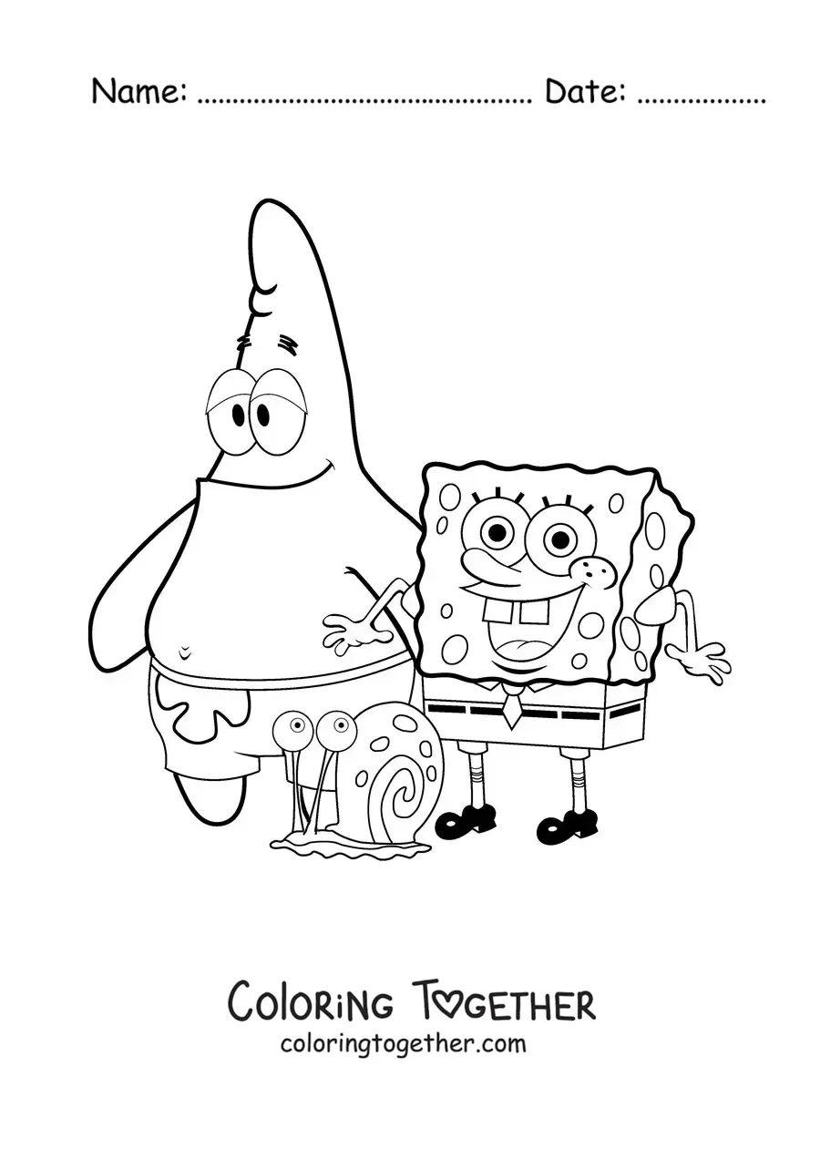 Coloring page of a happy SpongeBob with Patrick and Gary