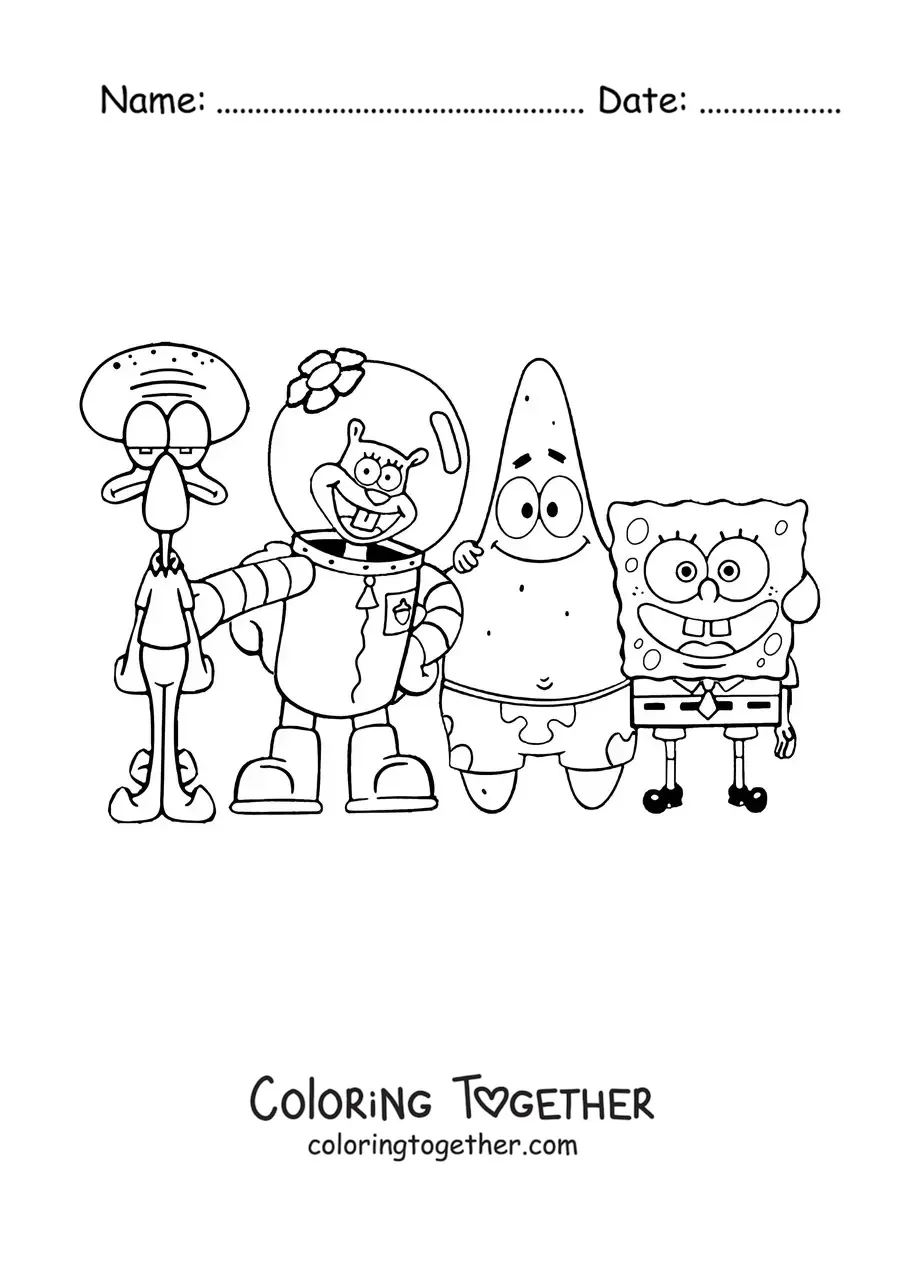 Coloring page of SpongeBob posing with his friends