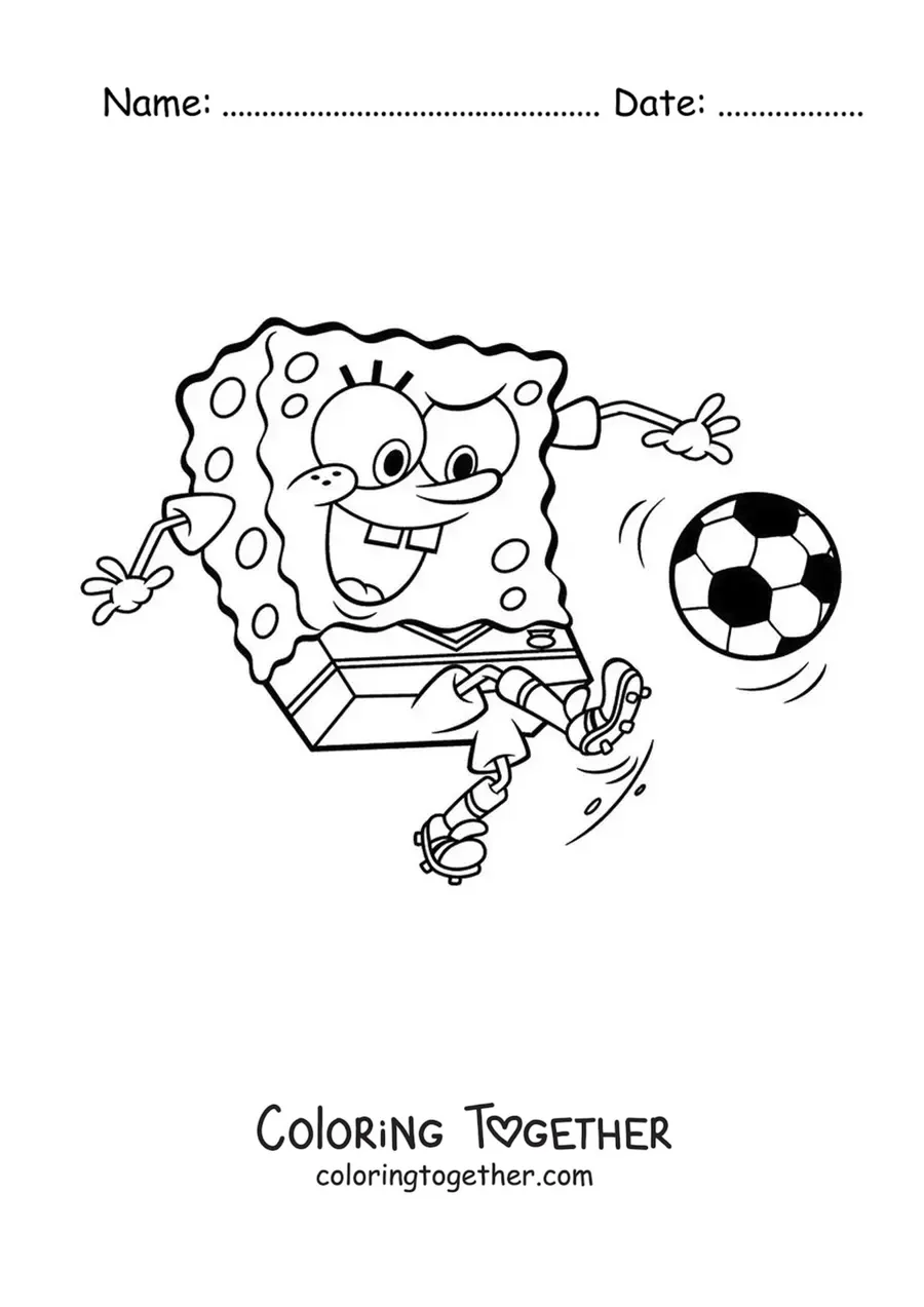 Coloring page of SpongeBob playing soccer and kicking a ball