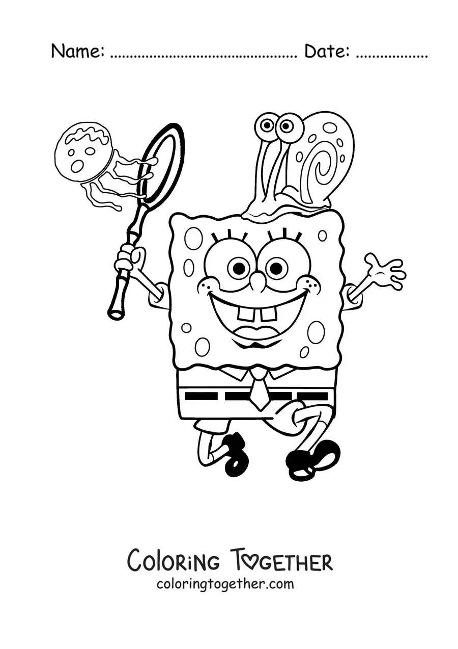Coloring page of SpongeBob jellyfishing with Gary on his head