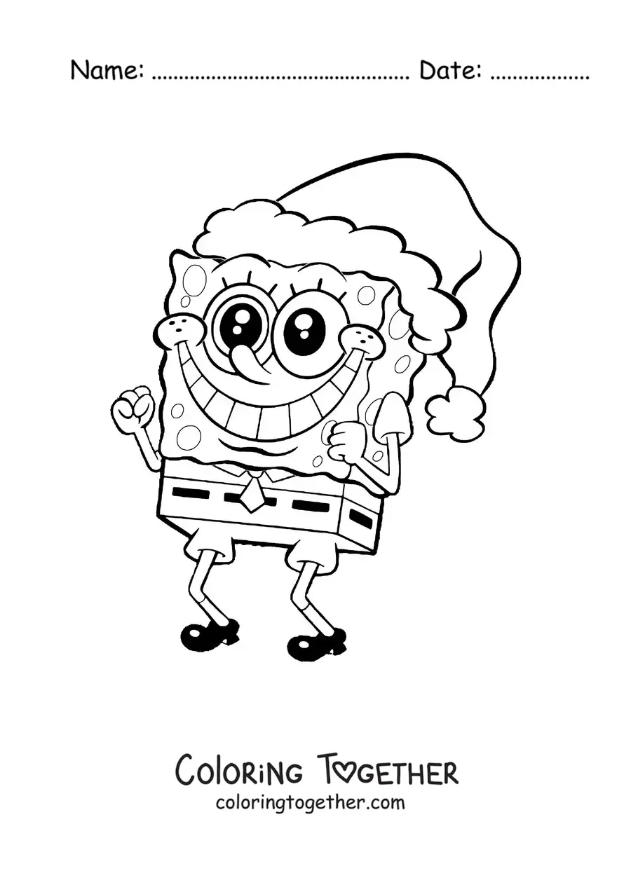 Coloring page of a smiling SpongeBob with a Christmas hat