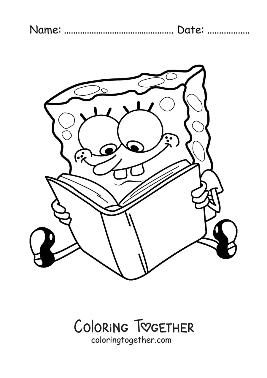 Coloring page of SpongeBob sitting and reading a book