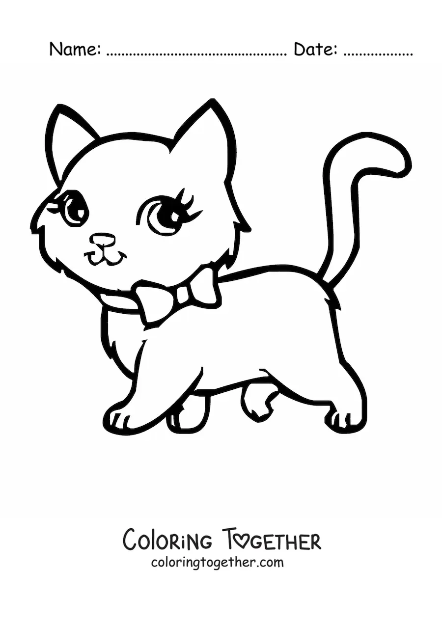 Coloring page of a kawaii cat walking and wearing a bow