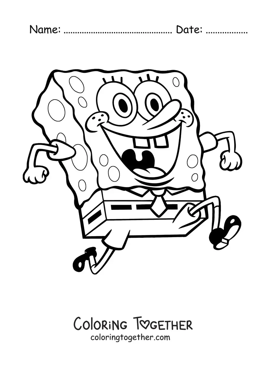 Coloring page of SpongeBob running excitedly