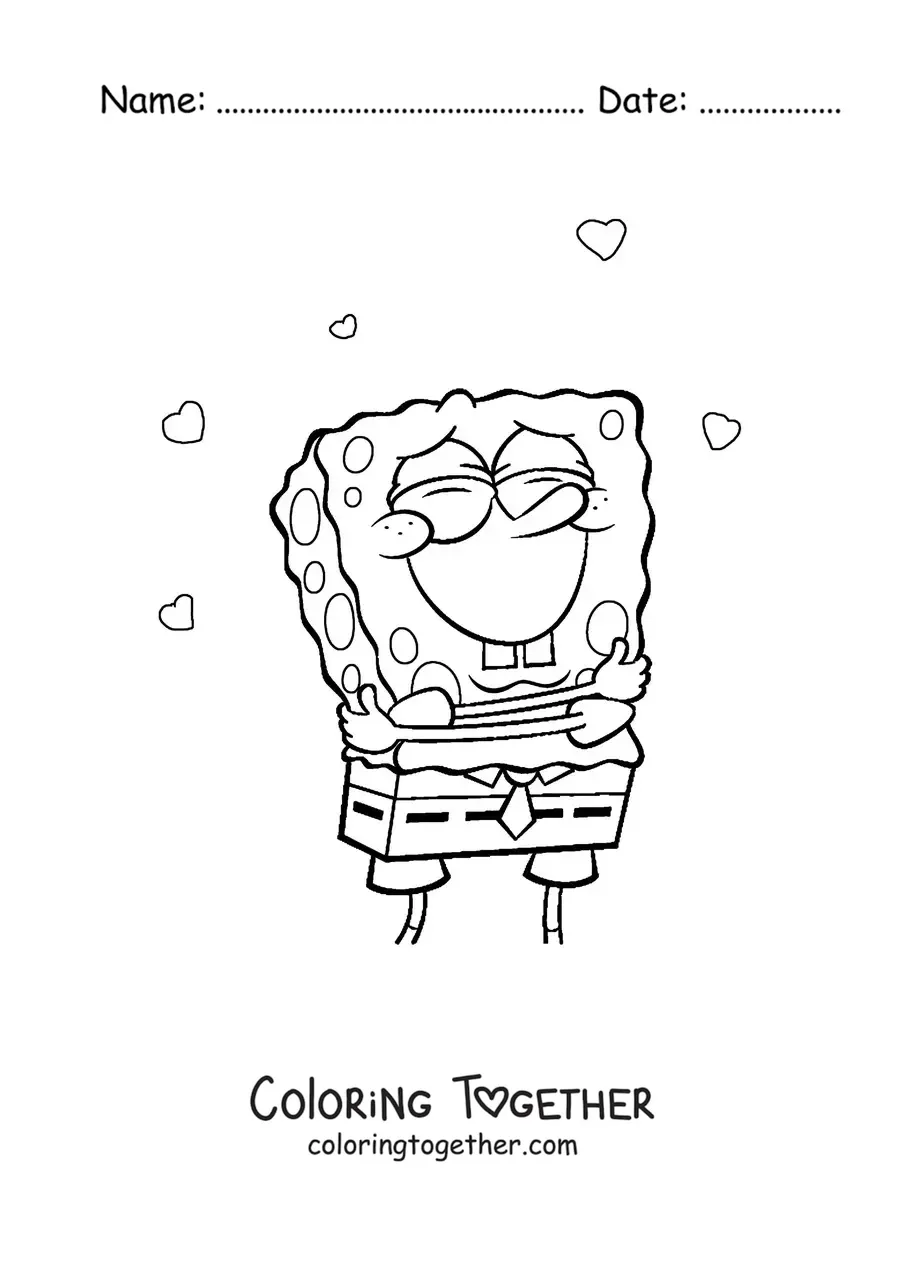 Coloring page of SpongeBob hugging himself surrounded by hearts