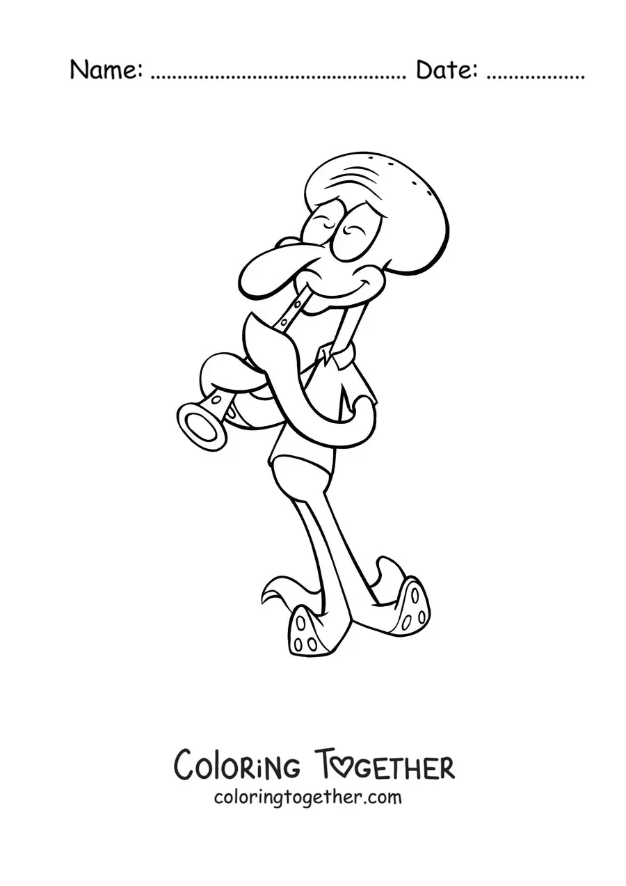 Coloring page of Squidward playing the clarinet