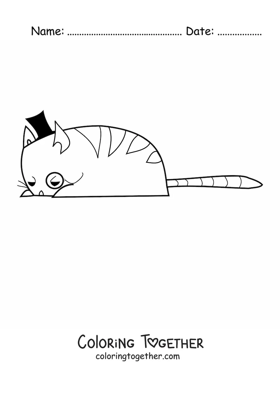 Coloring page of an elegant cat lying down and wearing a hat and a monocle