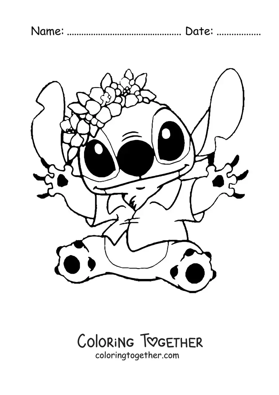 Coloring page of Stitch sitting and waving with flowers on his head