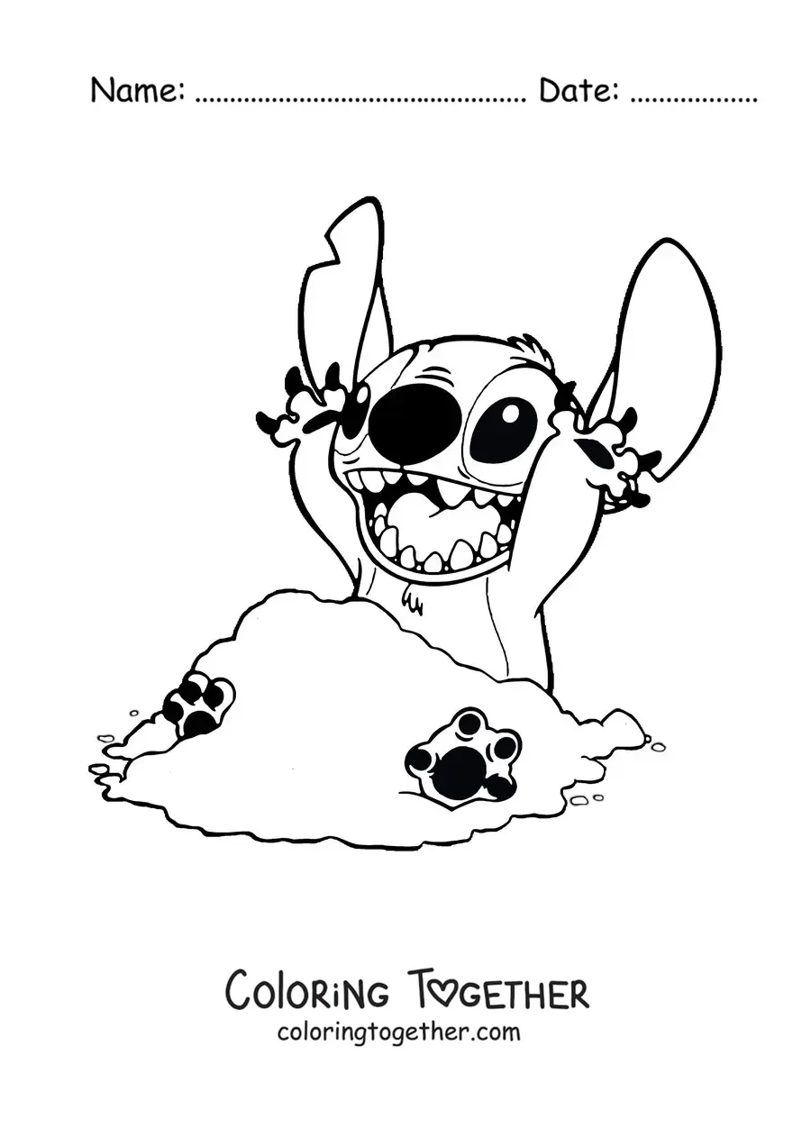 Coloring page of a happy Stitch sitting and playing in the sand