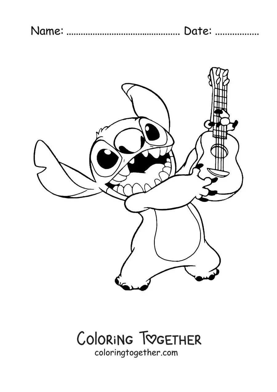 Coloring page of a happy Stitch holding a ukulele