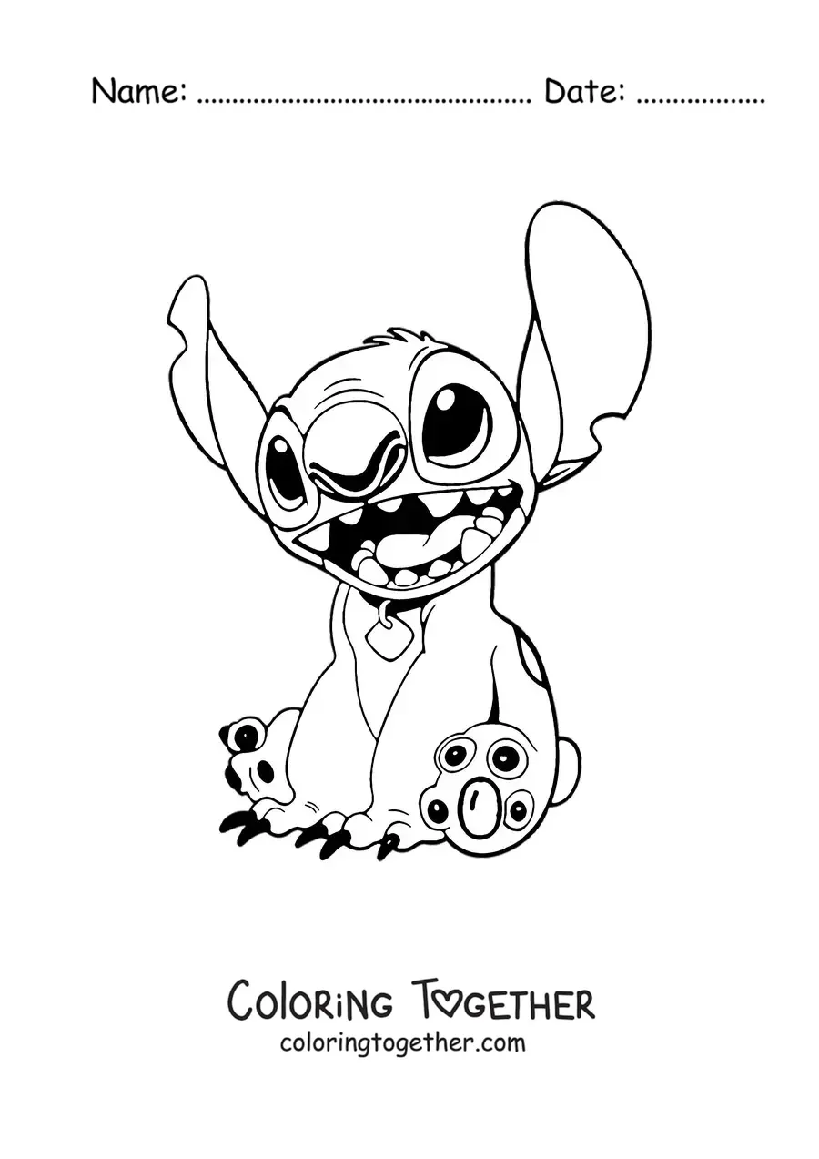 Coloring page of Stitch sitting and smiling while wearing a pet collar