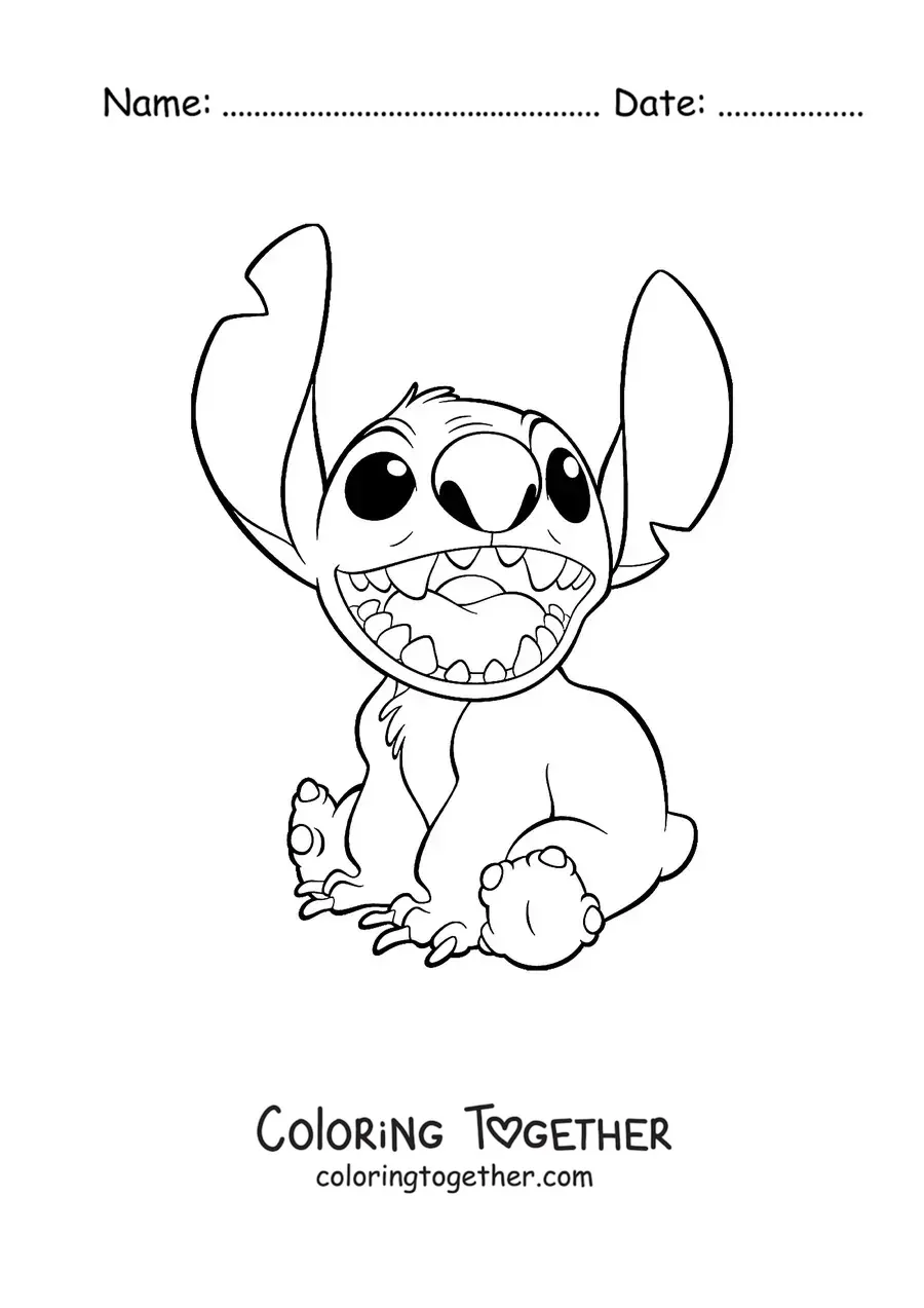 Coloring page of Stitch sitting and smiling