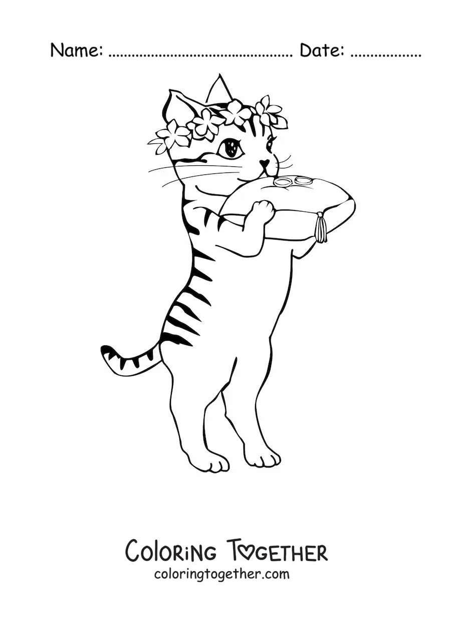 Coloring page of a cartoon cat with a flower crown carrying wedding rings on a cushion