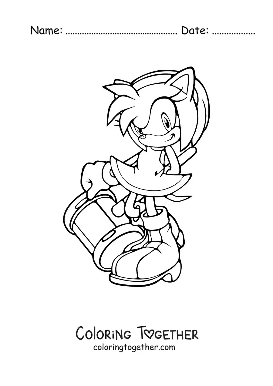Coloring page of Amy from Sonic with a hammer