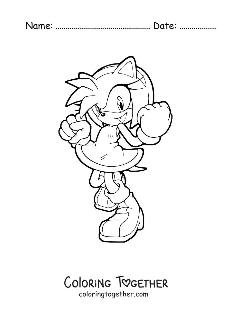 Coloring page of Amy from Sonic in a fighting pose