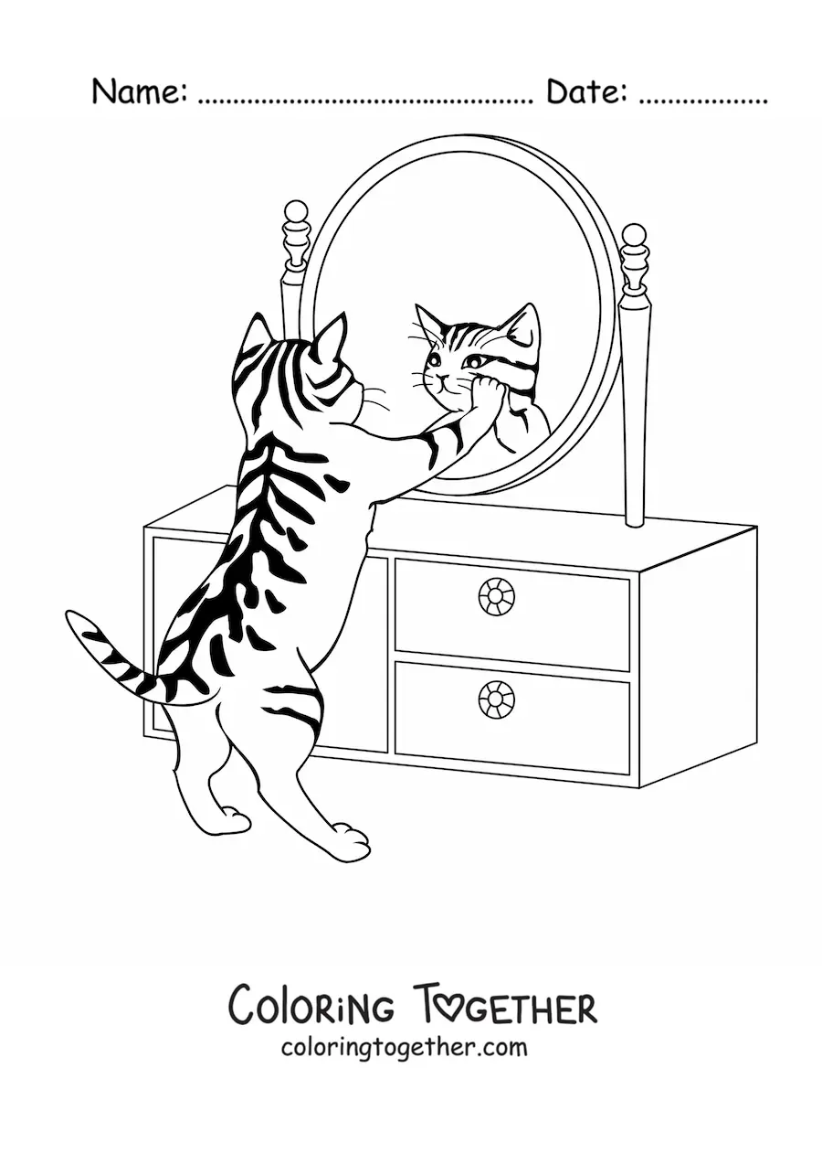 Coloring page of a cat looking at itself in a dressing table mirror