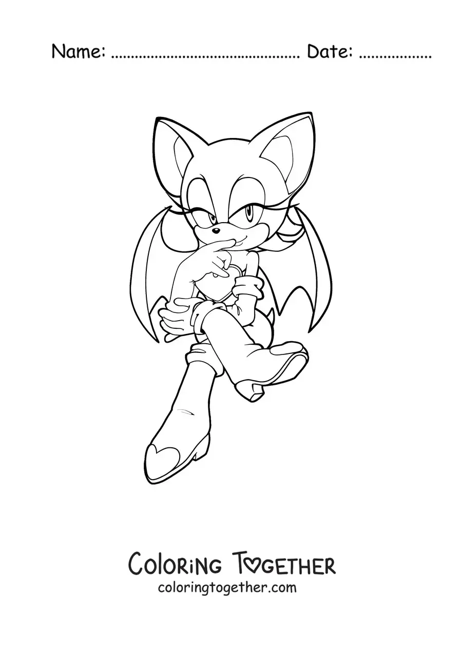 Coloring page of Rouge from Sonic sitting with her legs crossed