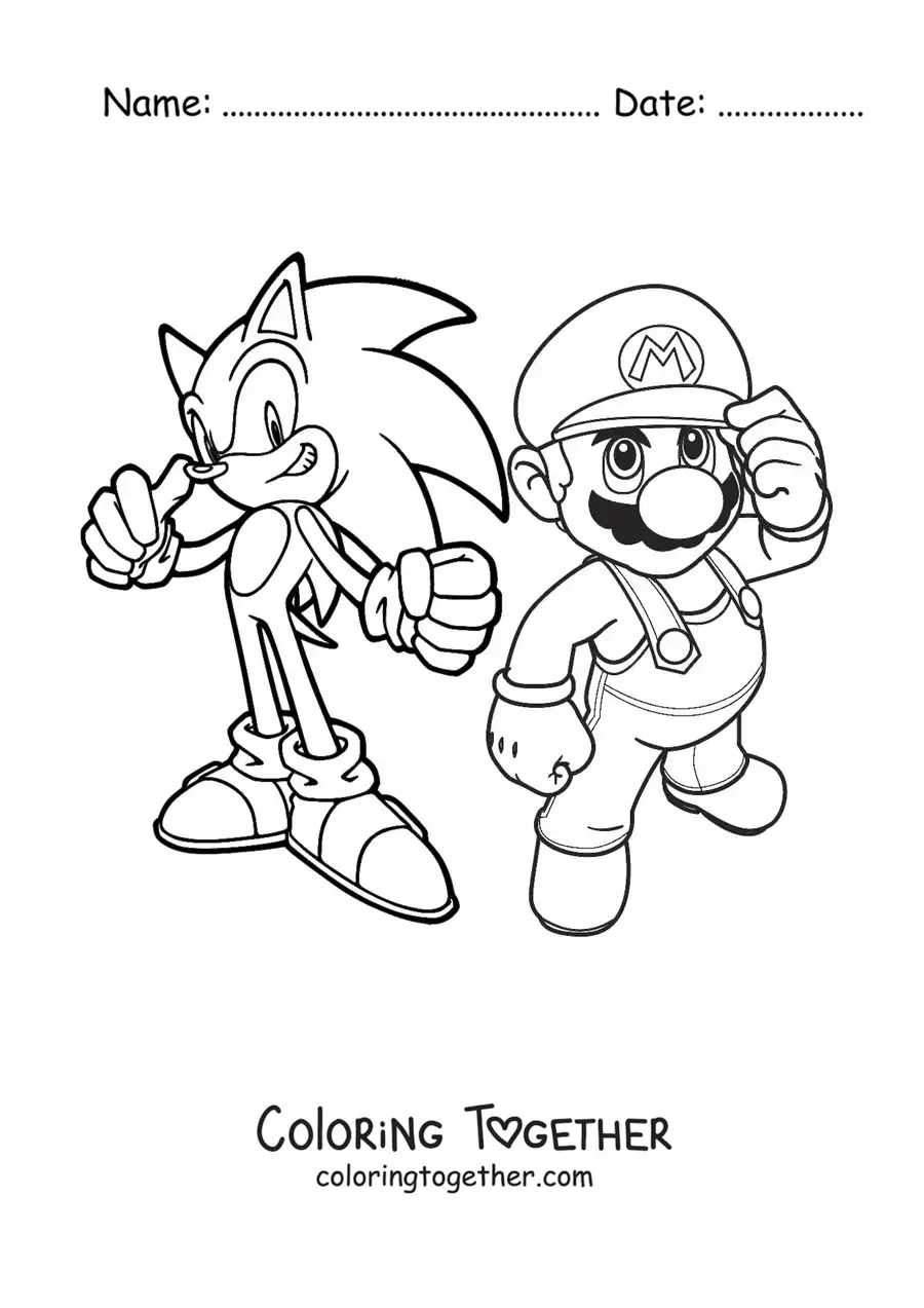 Coloring page of Sonic with Mario