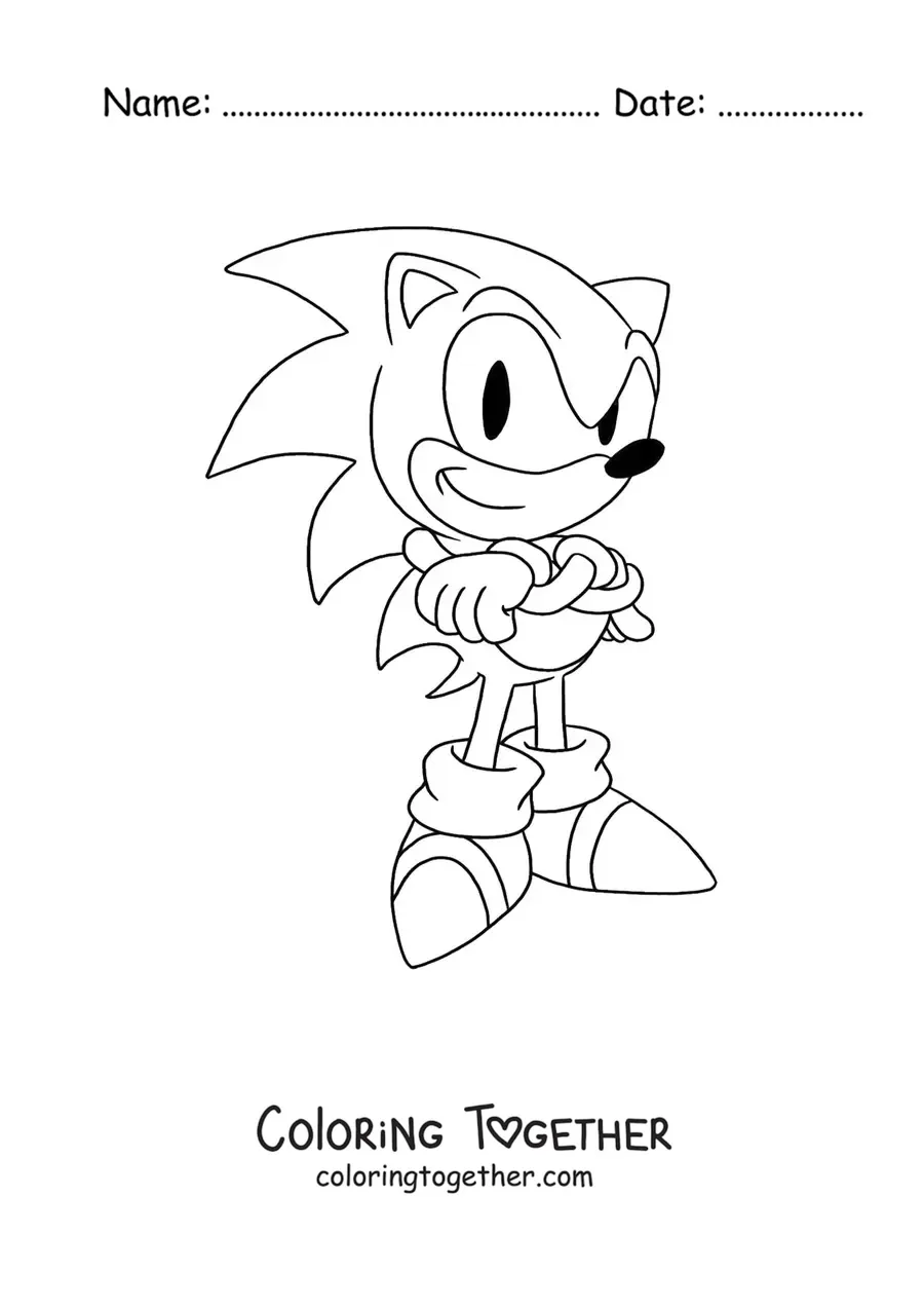 Coloring page of classic Sonic with his arms crossed