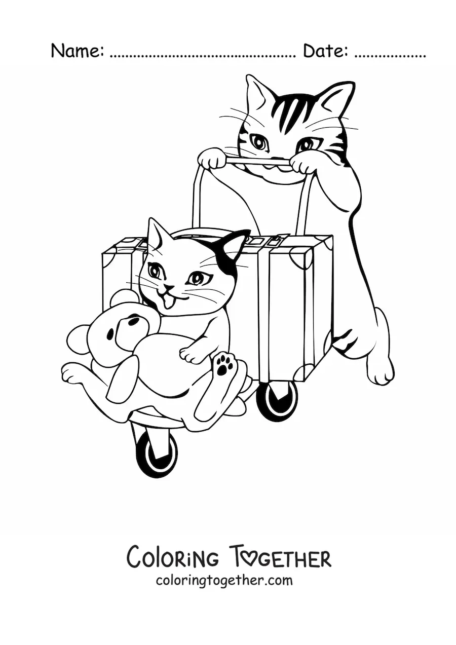 Coloring page of a cat pushing a luggage cart with a suitcase, another cat and a teddy bear