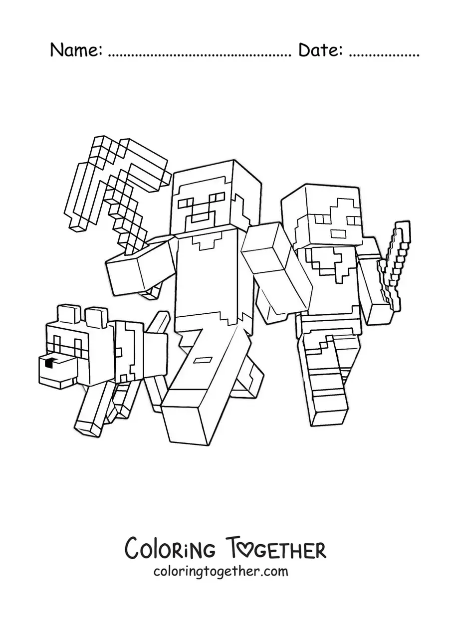 Coloring page of Alex and Steve from Minecraft walking with a dog
