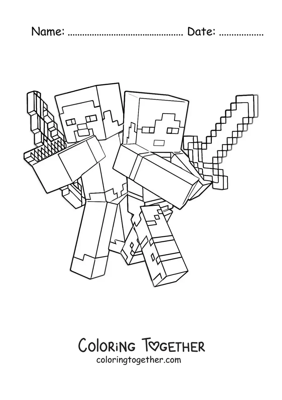 Coloring page of Alex and Steve from Minecraft fighting together