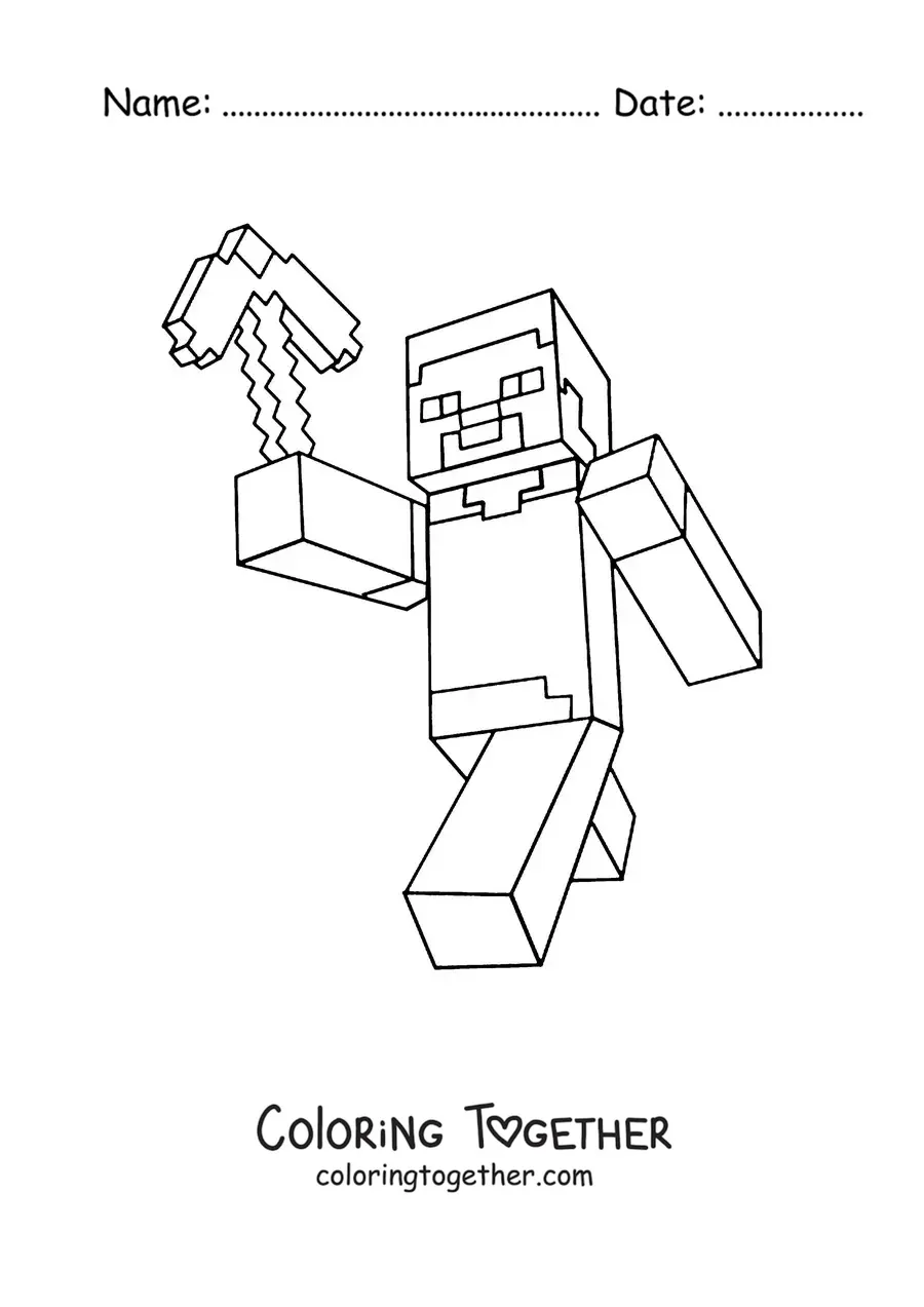 Coloring page of Steve from Minecraft walking and holding a pickaxe